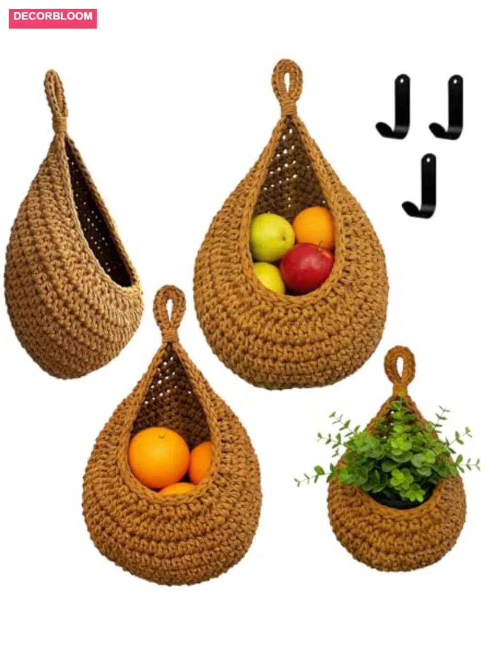 3 Pack Boho Hanging Wall Baskets for Kitchen Storage with Hooks